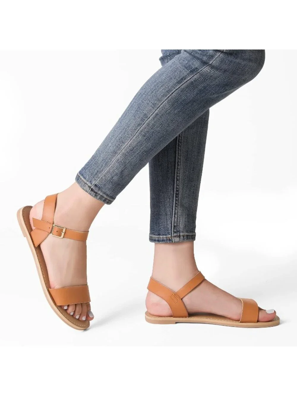 Women's Tan Flat Sandal Open Toe Ankle Strap Faux Leather Non Slip Shoes